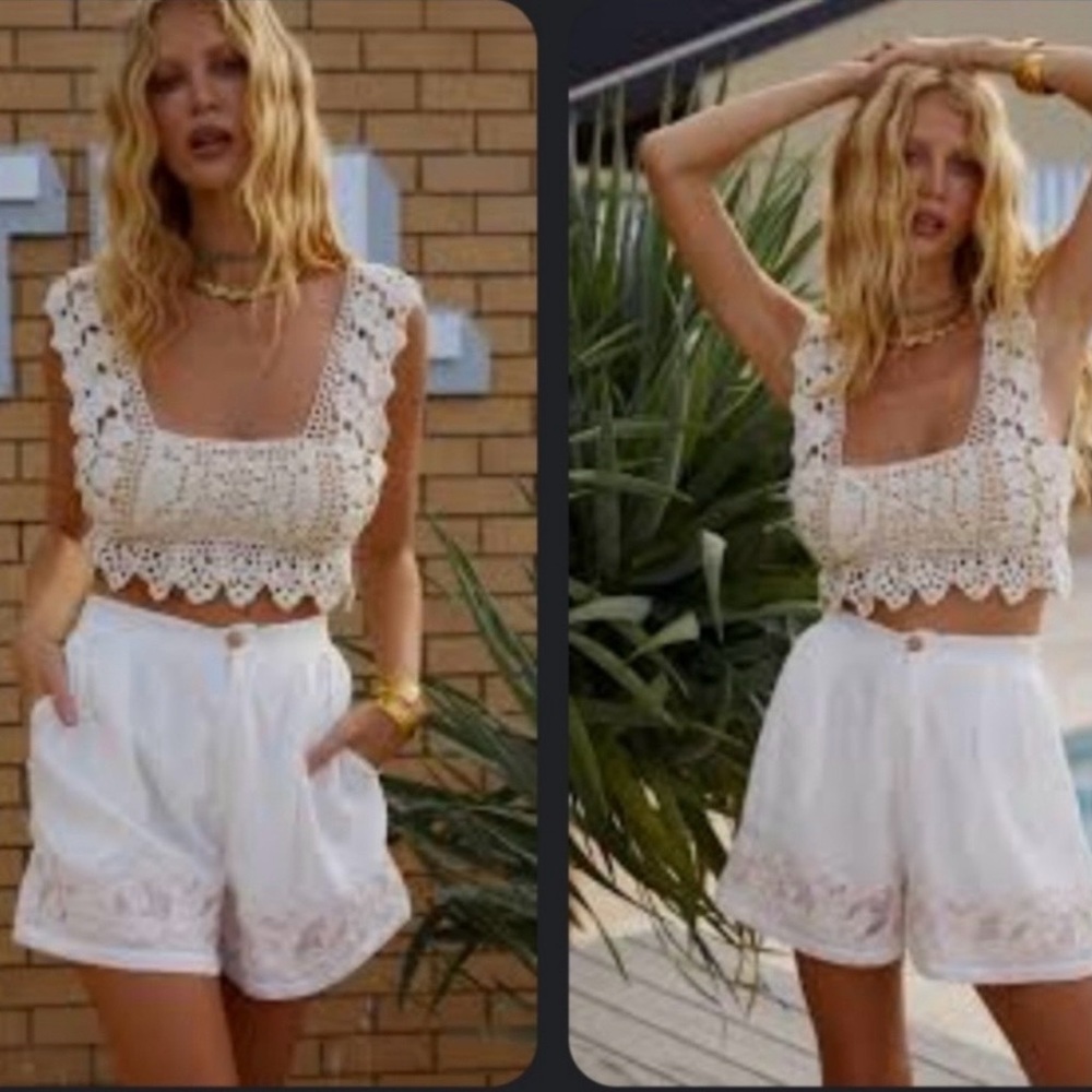 NWT Rare Set!!! Chasing Unicorns Blush Crochet Knit Top & Linen Shorts